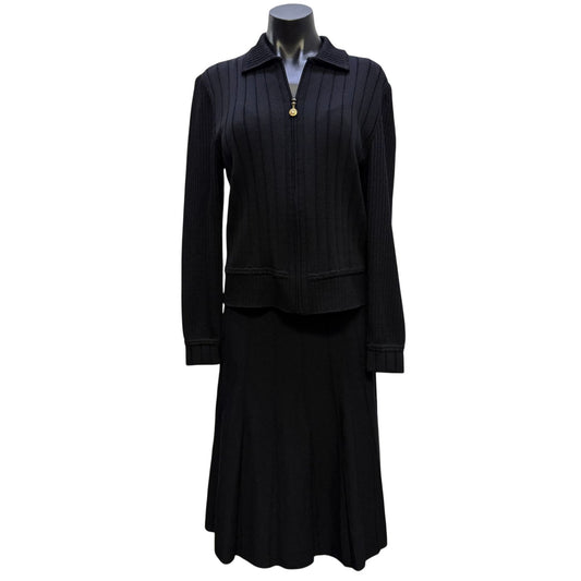 St John Basics Black Two-Piece Knit Skirt & Zip Jacket Set Size 6/4