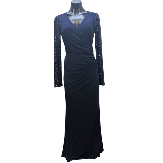 Eliza J Navy Long Formal Gown With Sequined Sleeves & Surplice Neckline Size 6