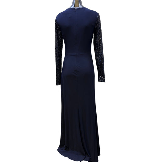 Eliza J Navy Long Formal Gown With Sequined Sleeves & Surplice Neckline Size 6