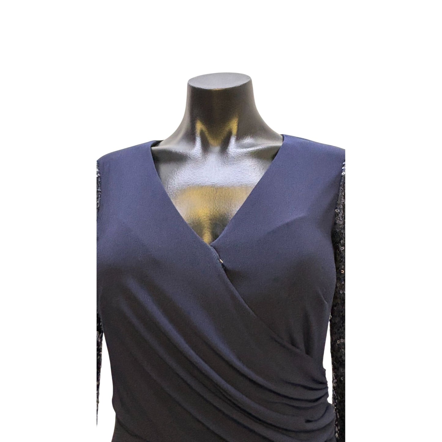 Eliza J Navy Long Formal Gown With Sequined Sleeves & Surplice Neckline Size 6