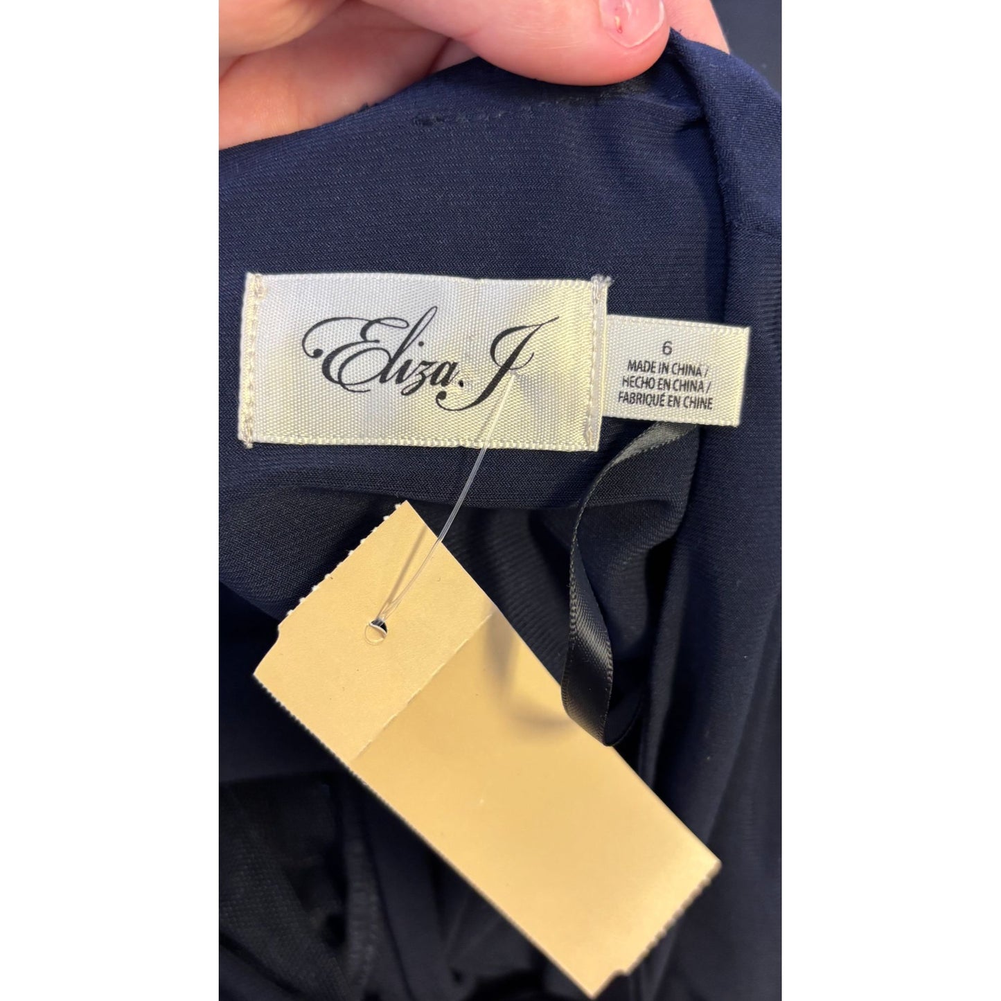 Eliza J Navy Long Formal Gown With Sequined Sleeves & Surplice Neckline Size 6