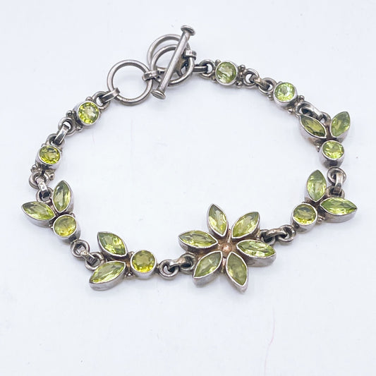 Sterling Silver Faceted Peridot Flower Bracelet With Toggle Clasp