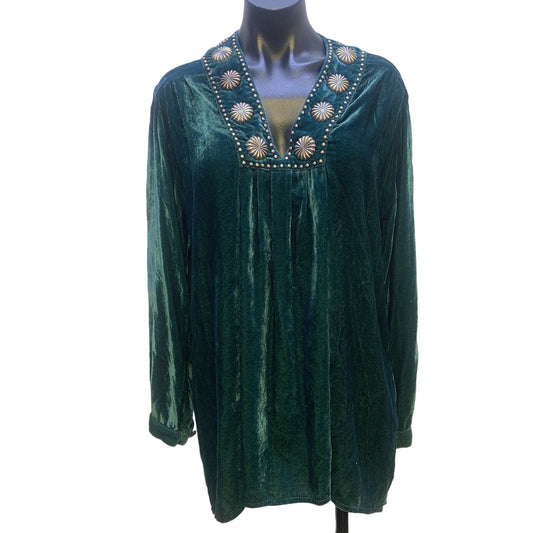 Double D Ranch Teal Green Velvet Top With Brass Studs XS