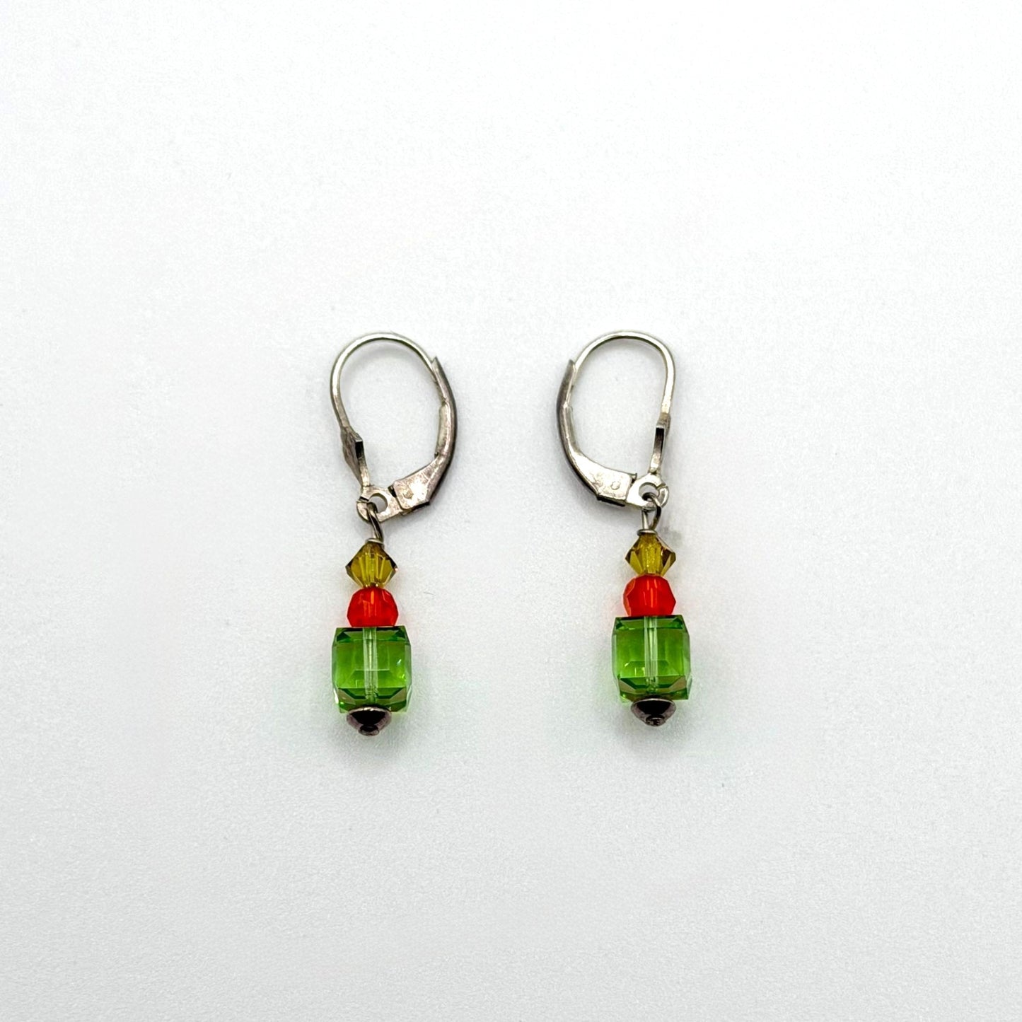 925 Sterling Silver Leverback Earrings With Green Red & Yellow Crystal Beads