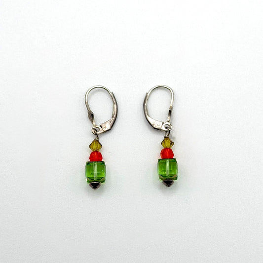 925 Sterling Silver Leverback Earrings With Green Red & Yellow Crystal Beads