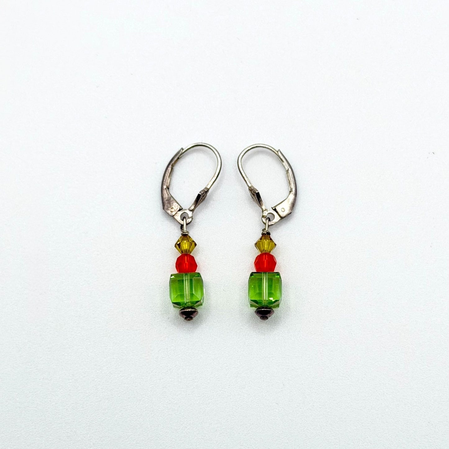 925 Sterling Silver Leverback Earrings With Green Red & Yellow Crystal Beads