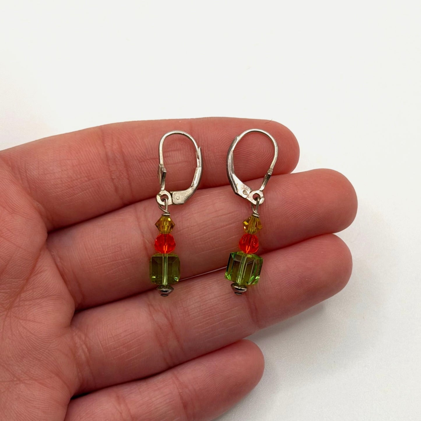 925 Sterling Silver Leverback Earrings With Green Red & Yellow Crystal Beads