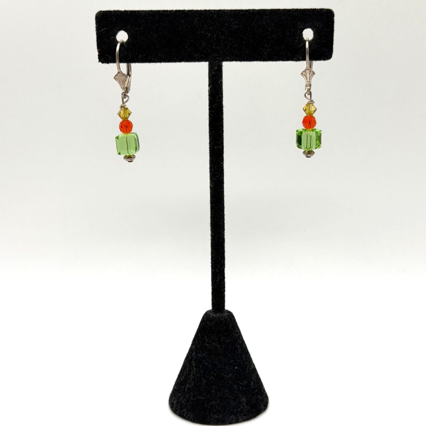 925 Sterling Silver Leverback Earrings With Green Red & Yellow Crystal Beads