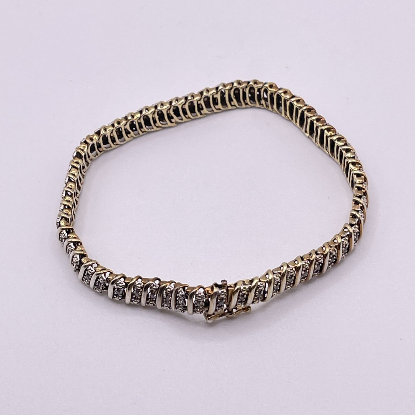 Gold-Tone Sterling Silver 925 Bracelet Pave Set Cubic Zirconia & Secure Clasp Elegant Spiral Design