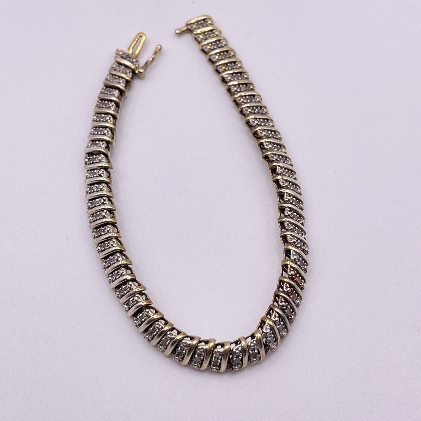 Gold-Tone Sterling Silver 925 Bracelet Pave Set Cubic Zirconia & Secure Clasp Elegant Spiral Design