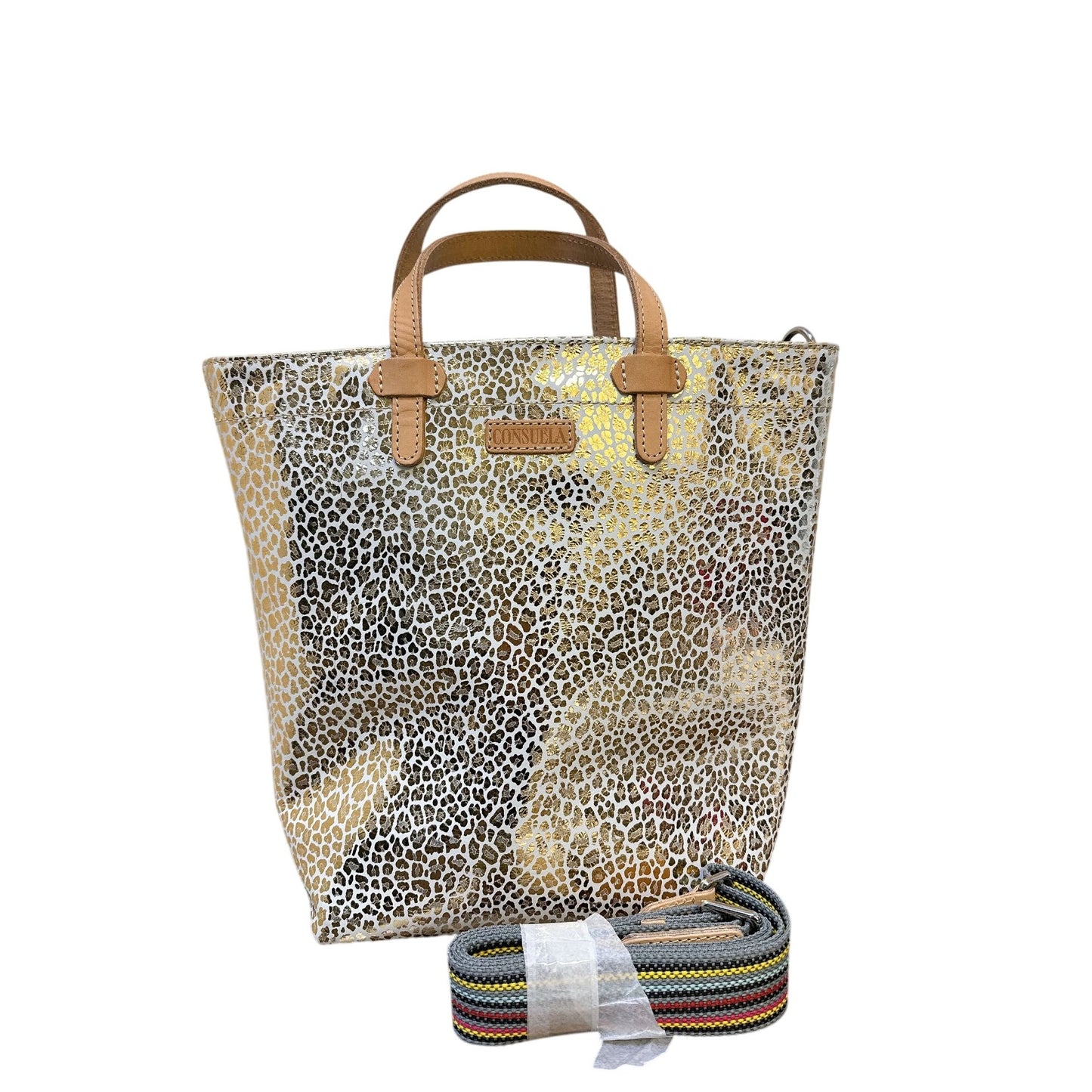 Consuela Gold Leopard Print Tote Bag Detachable Rainbow Strap M