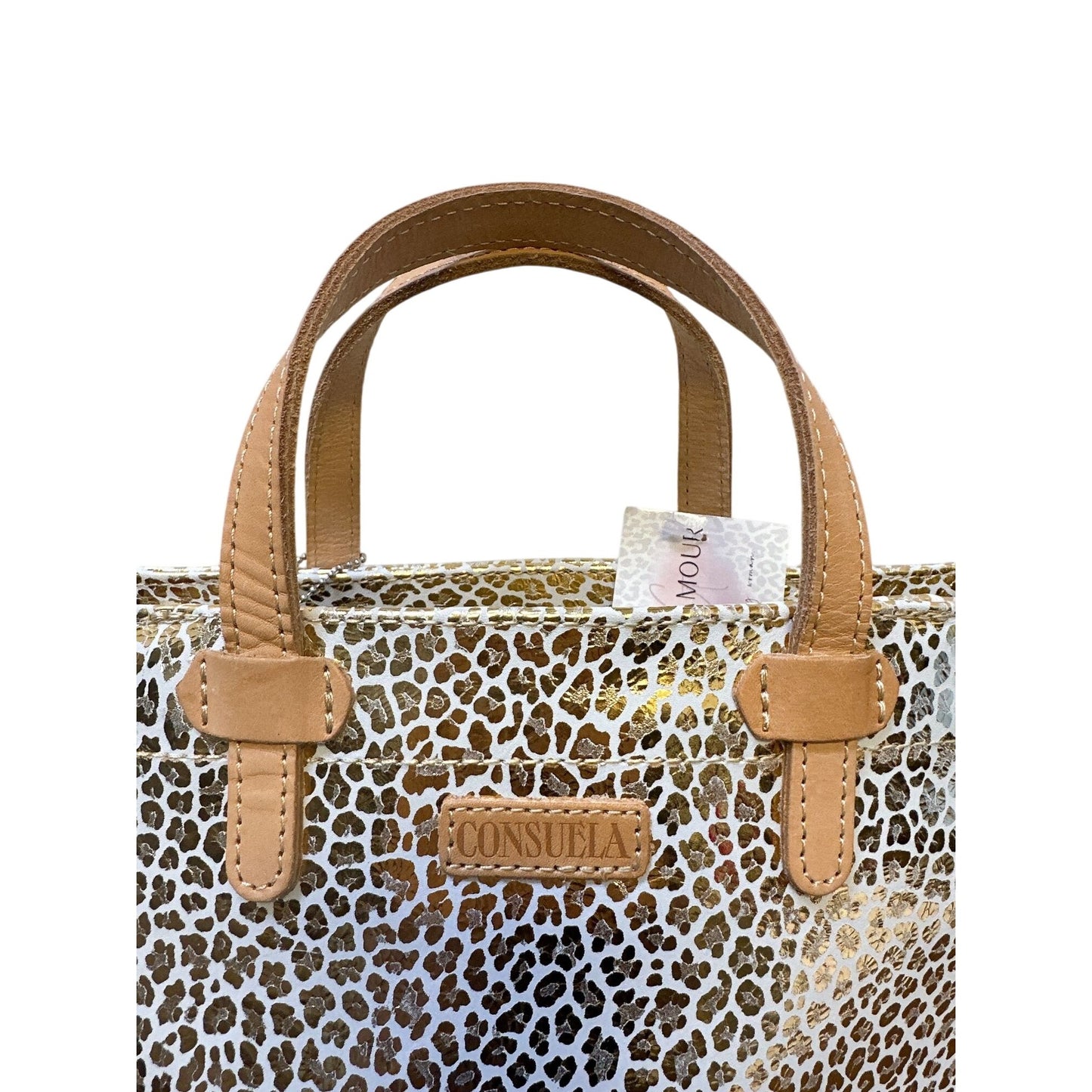 Consuela Gold Leopard Print Tote Bag Detachable Rainbow Strap M