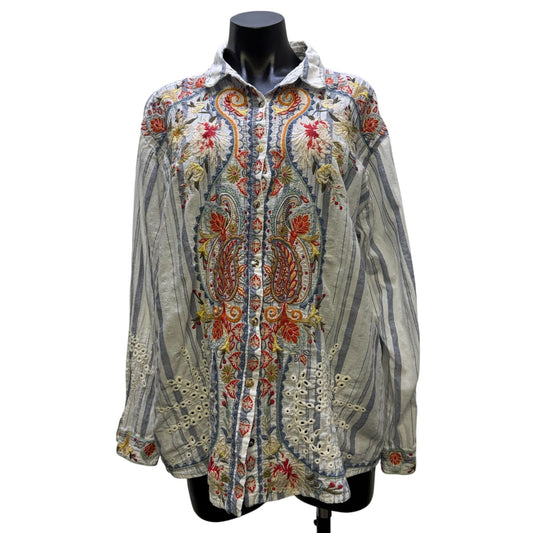 Johnny Was Workshop Embroidered Striped Button-Up Blouse XL
