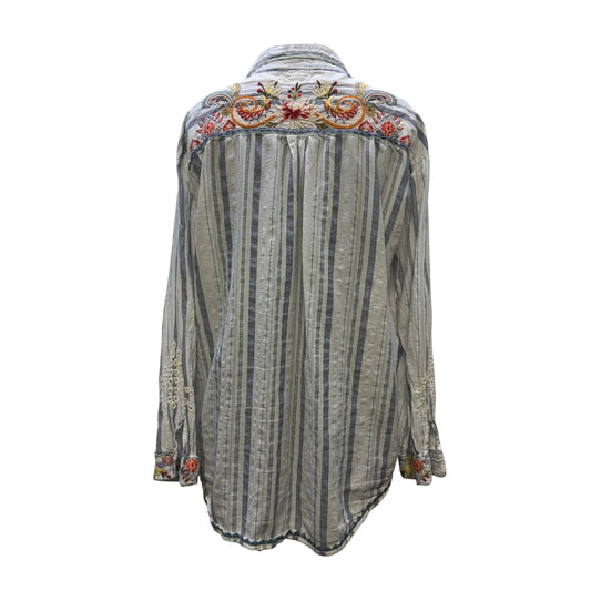 Johnny Was Workshop Embroidered Striped Button-Up Blouse XL
