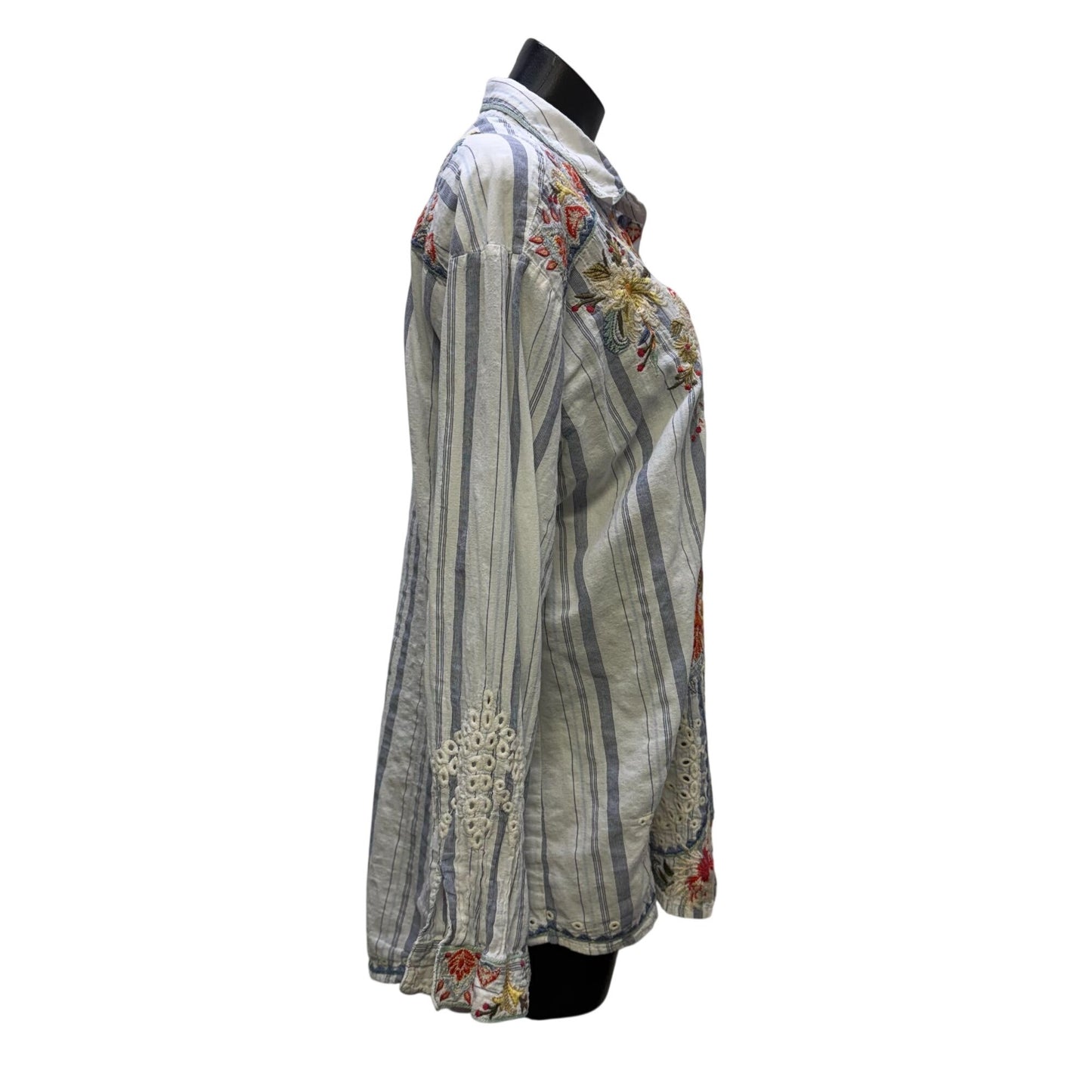 Johnny Was Workshop Embroidered Striped Button-Up Blouse XL