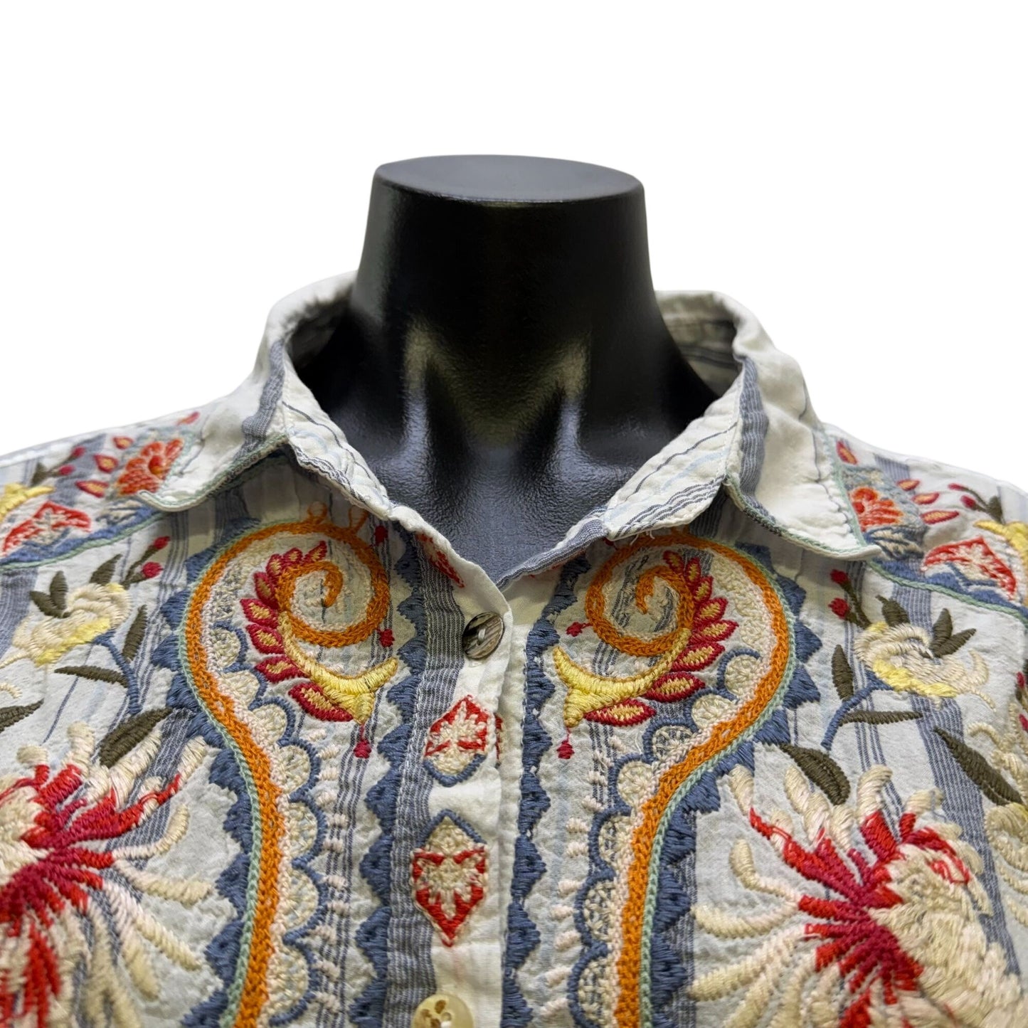 Johnny Was Workshop Embroidered Striped Button-Up Blouse XL