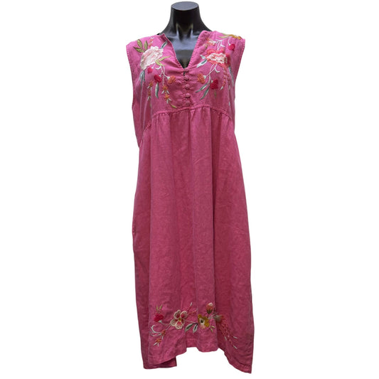Johnny Was Linen Sleeveless Embroidered Floral Midi Dress Pink Multi L