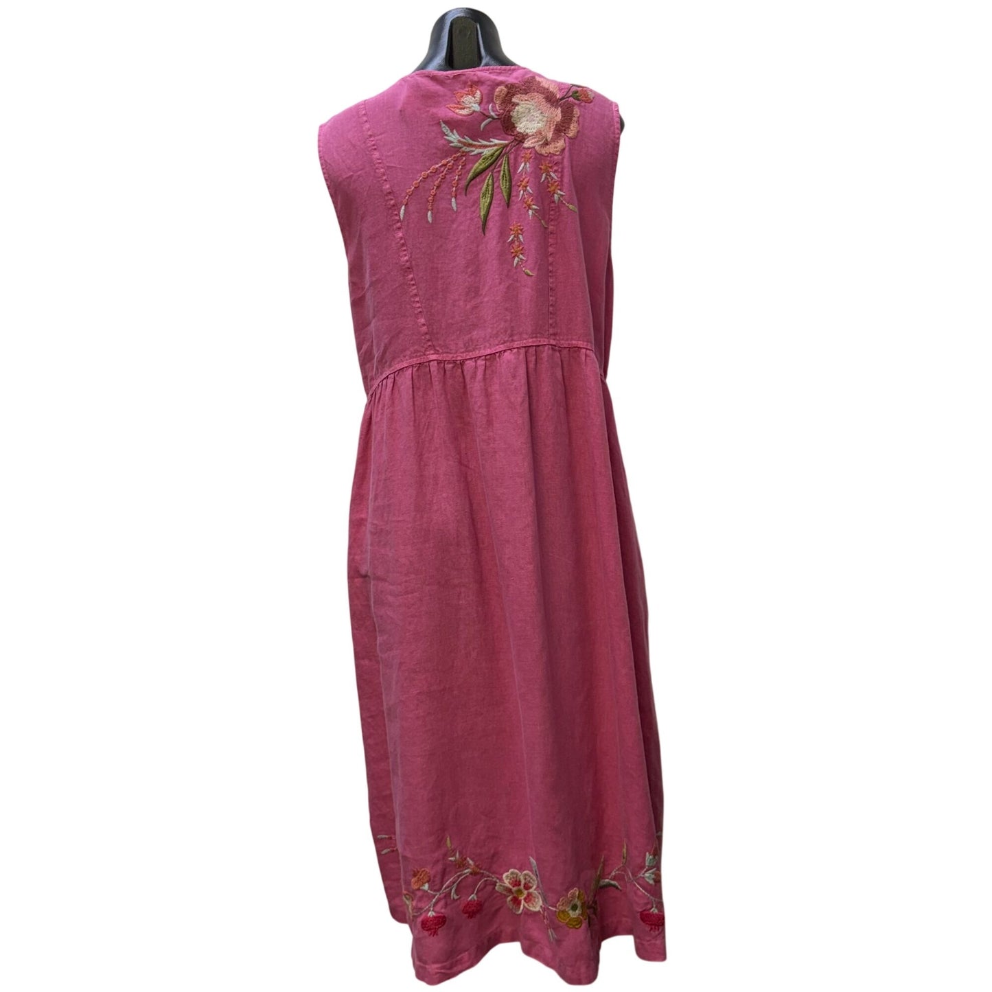 Johnny Was Linen Sleeveless Embroidered Floral Midi Dress Pink Multi L