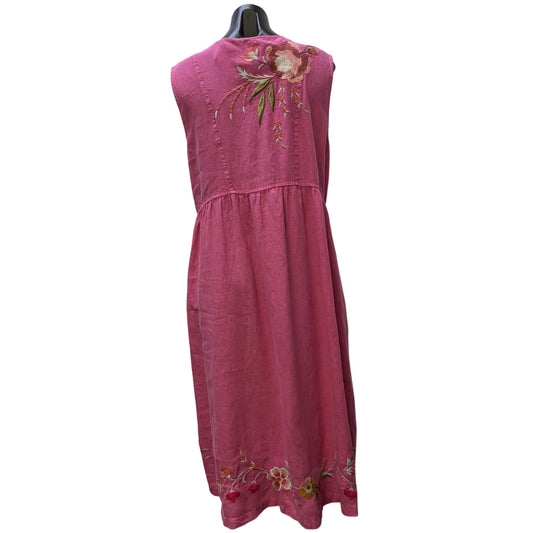Johnny Was Linen Sleeveless Embroidered Floral Midi Dress Pink Multi L
