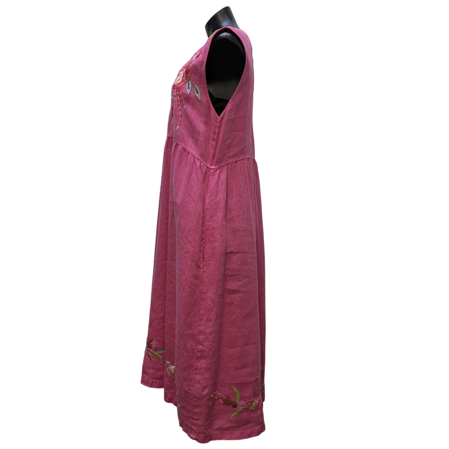 Johnny Was Linen Sleeveless Embroidered Floral Midi Dress Pink Multi L