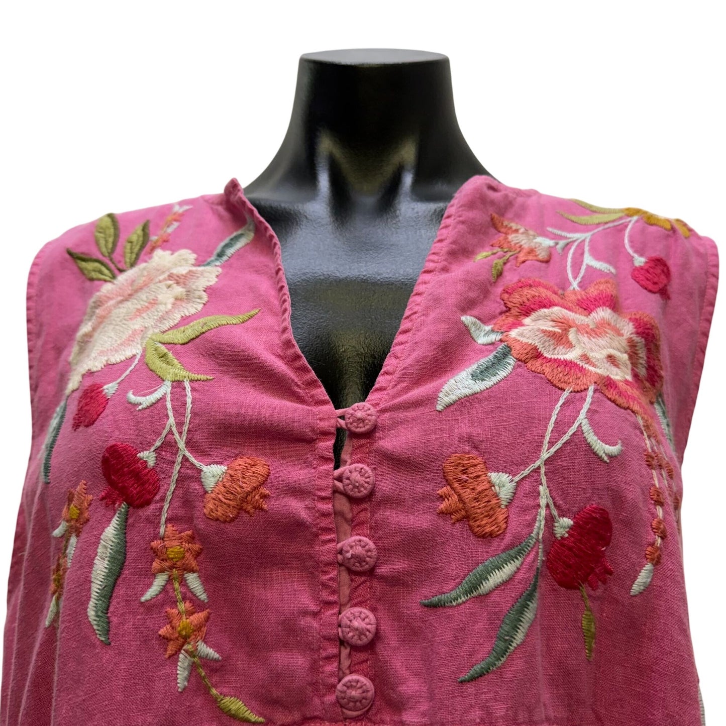 Johnny Was Linen Sleeveless Embroidered Floral Midi Dress Pink Multi L