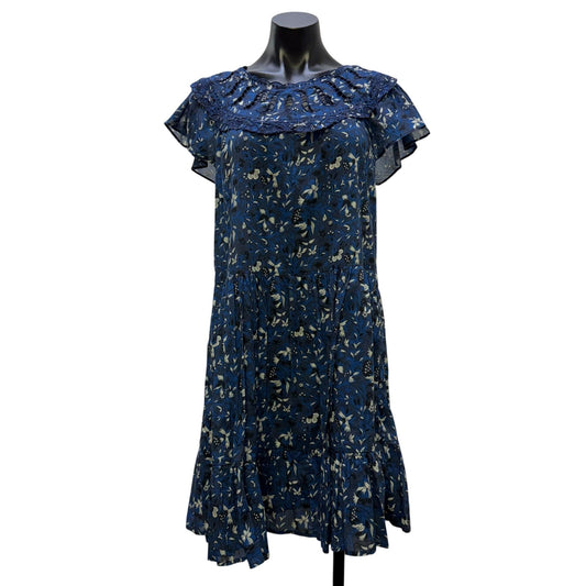 Othilia Blue & White Floral Lace Trim Tiered Dress XS P