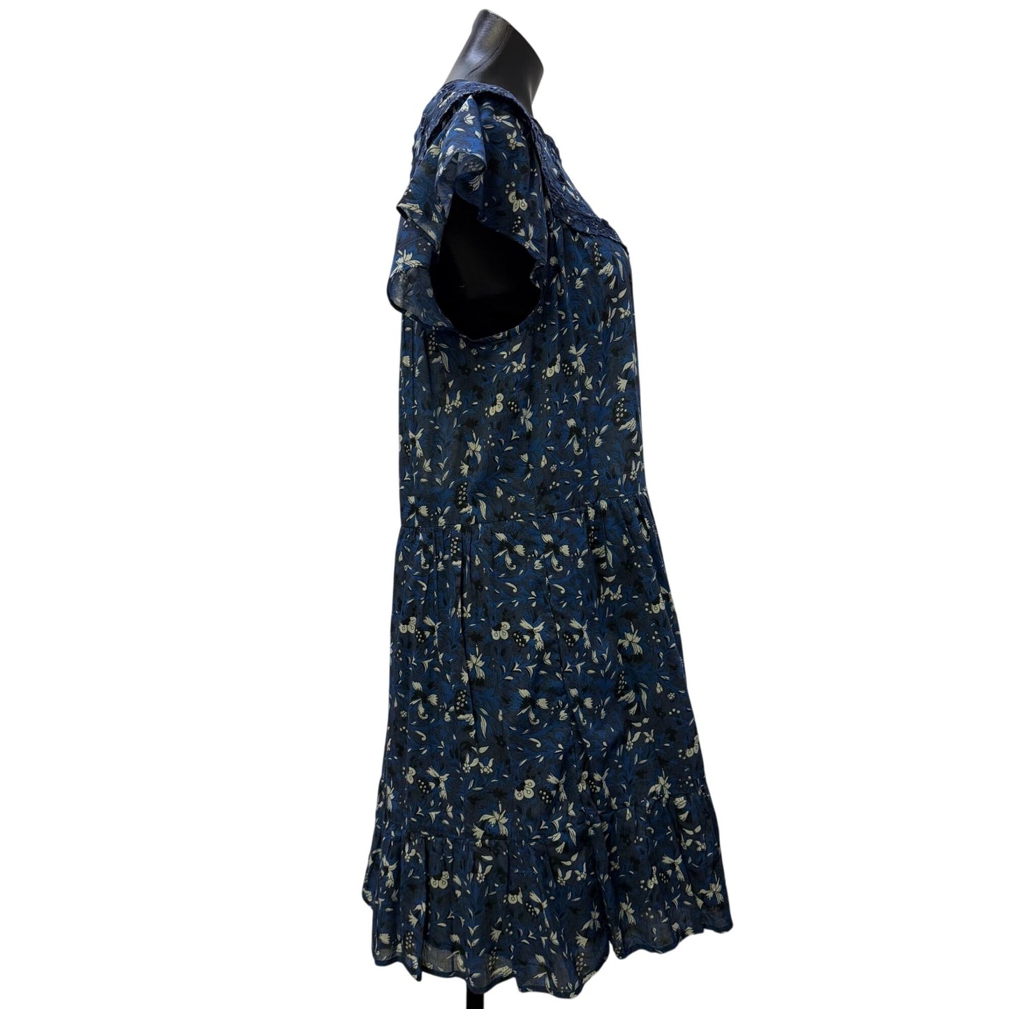 Othilia Blue & White Floral Lace Trim Tiered Dress XS P