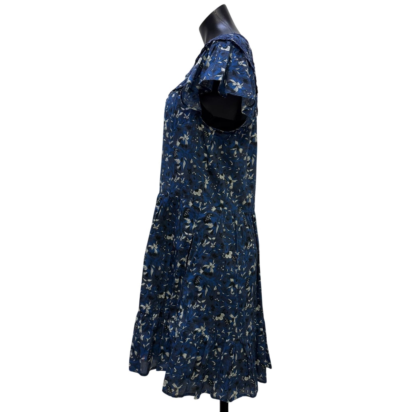 Othilia Blue & White Floral Lace Trim Tiered Dress XS P