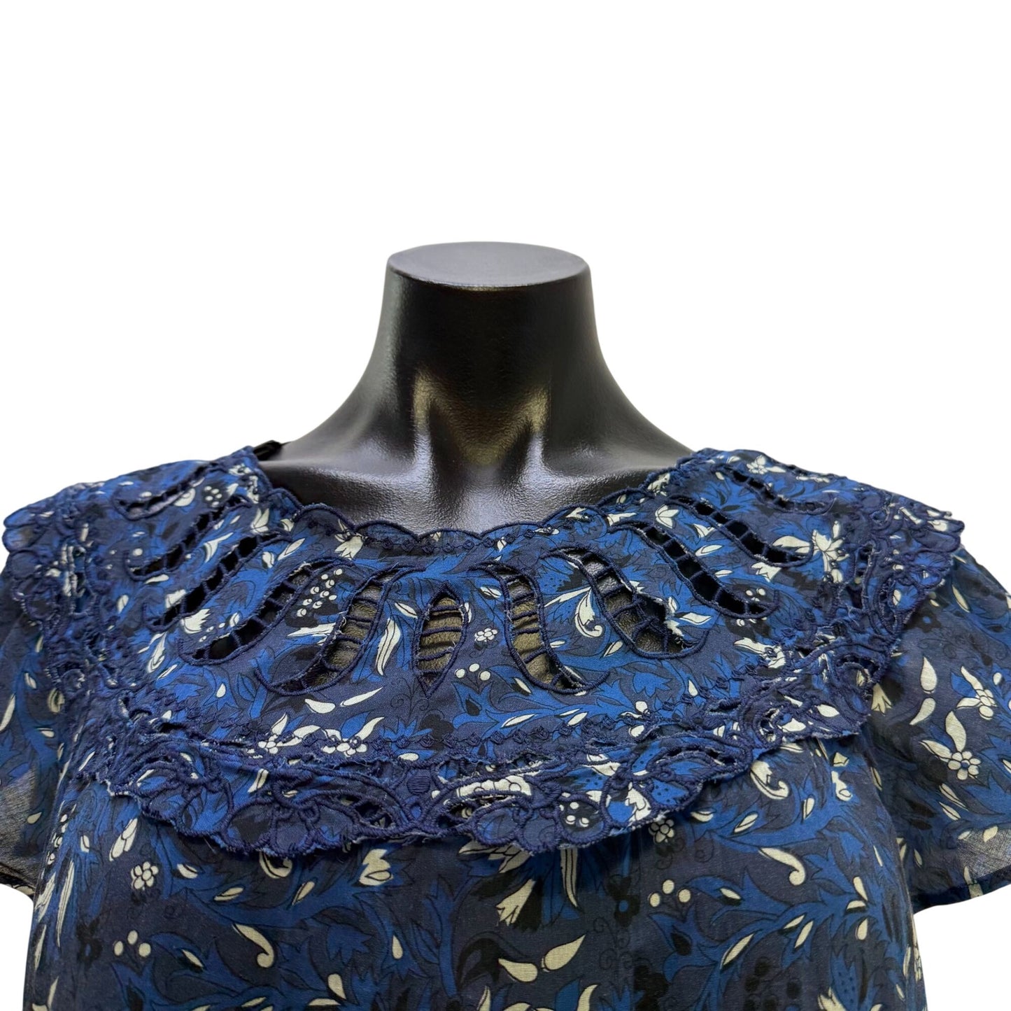 Othilia Blue & White Floral Lace Trim Tiered Dress XS P
