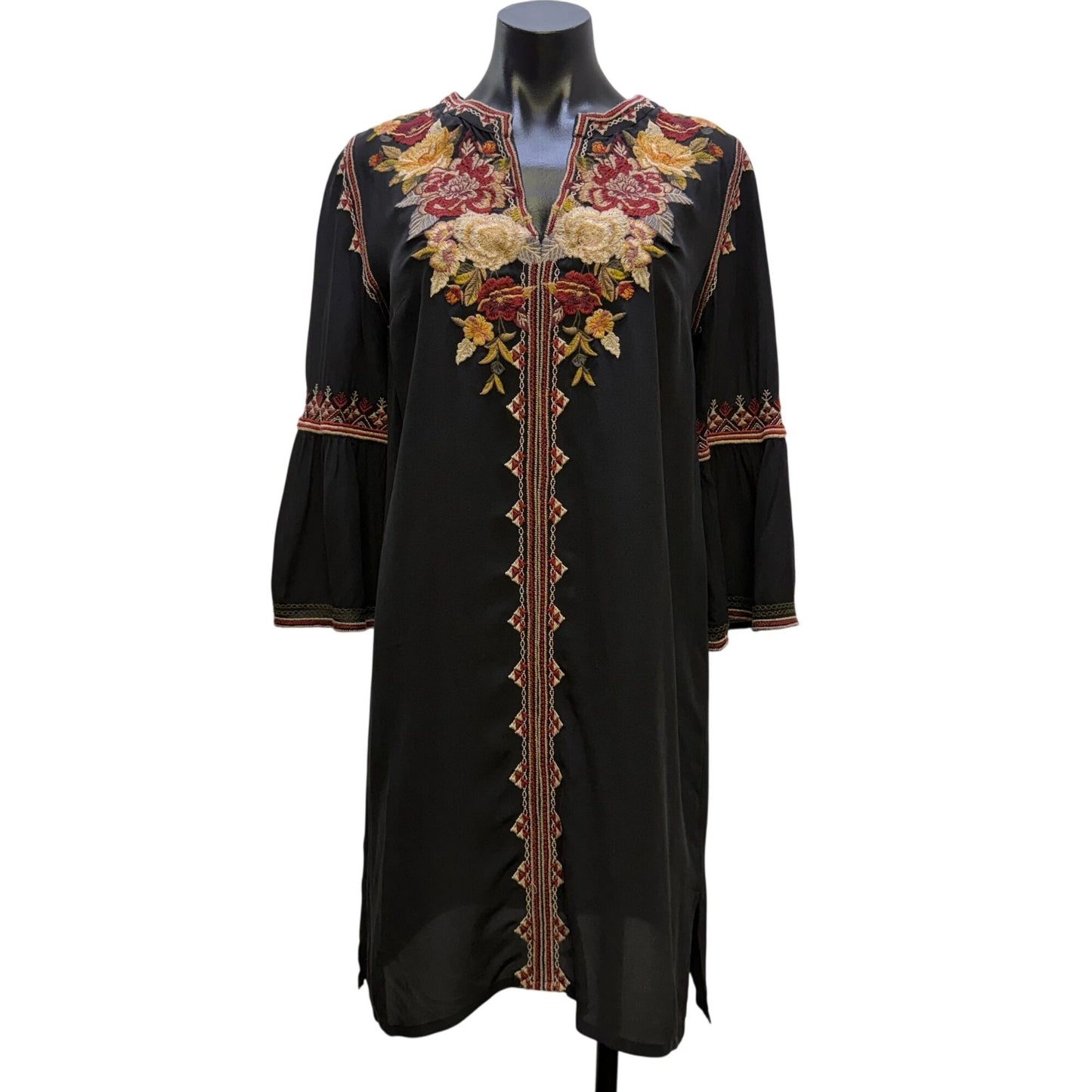 Johnny Was Workshop Black Floral Embroidered Tunic Dress S