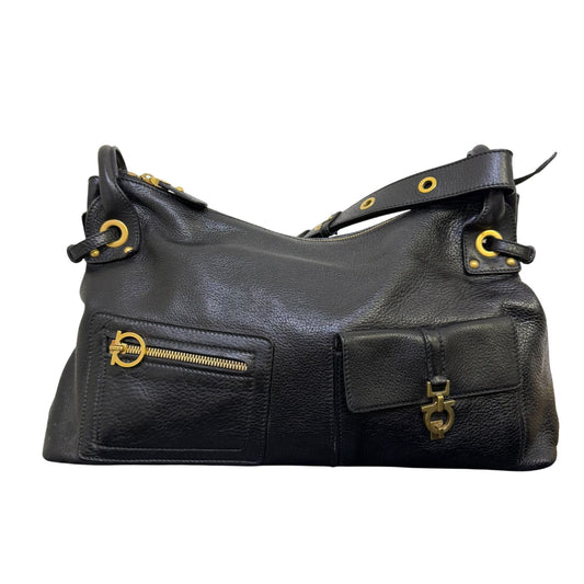 Salvatore Ferragamo Black Leather Shoulder Bag With Front Pockets