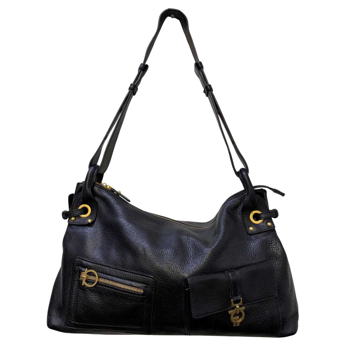 Salvatore Ferragamo Black Leather Shoulder Bag With Front Pockets