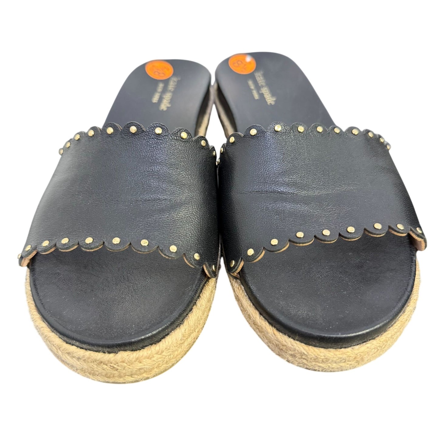 Kate Spade Black Leather Scalloped Espadrille Slide Sandals Size 8.5