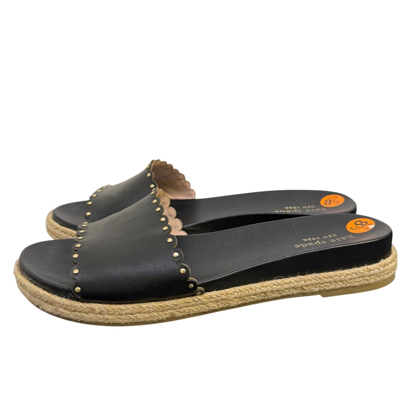 Kate Spade Black Leather Scalloped Espadrille Slide Sandals Size 8.5