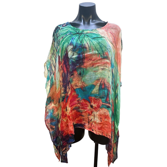 Chico's Colorful Lightweight Linen Blouse w/Abstract Tropical Graphic Design