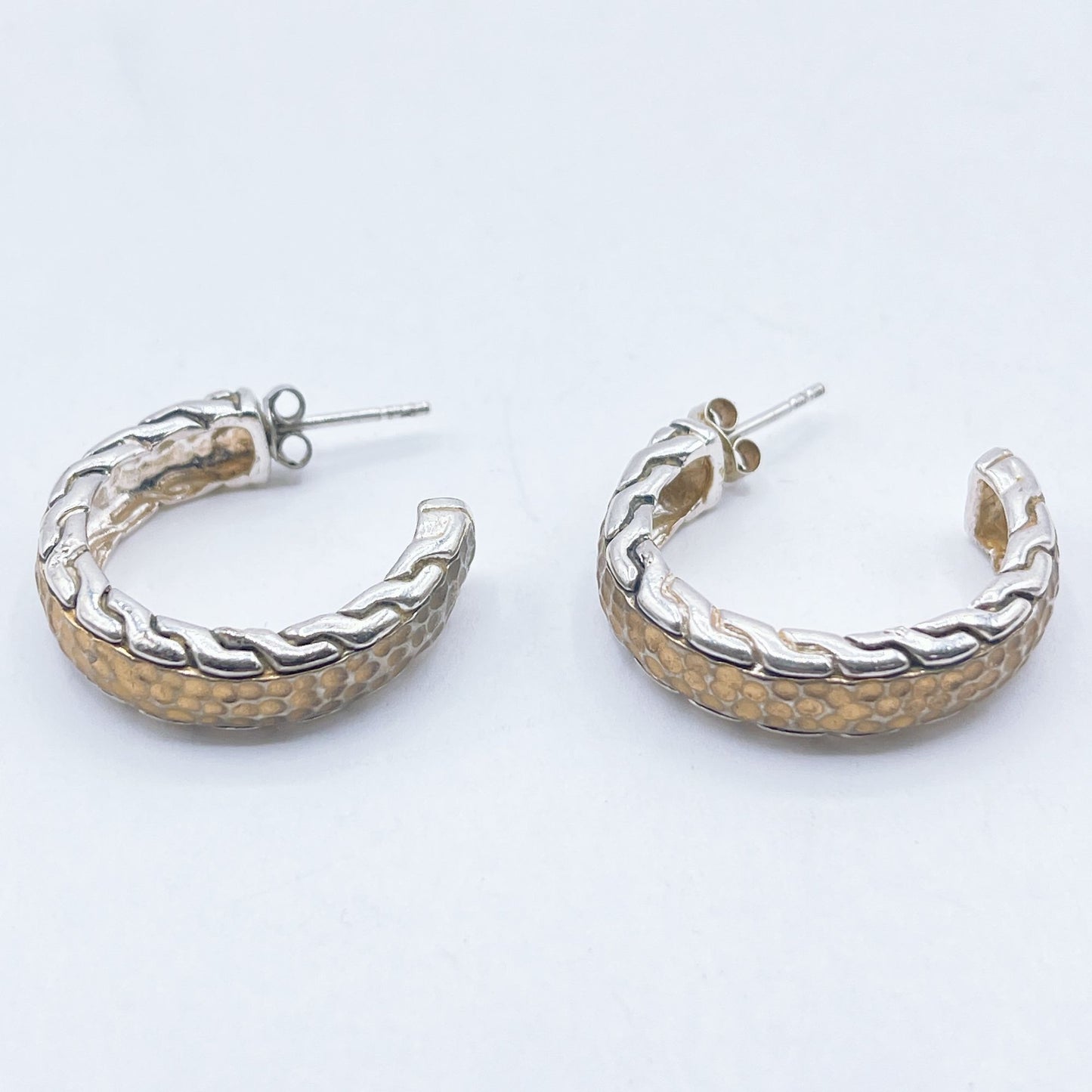 925 Vintage Sterling Silver & Gold Tone Hammered Hoop Earrings Medium