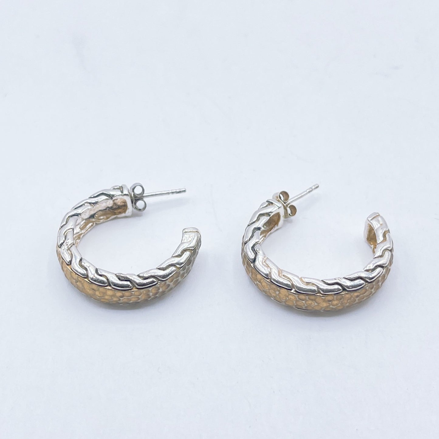 925 Vintage Sterling Silver & Gold Tone Hammered Hoop Earrings Medium