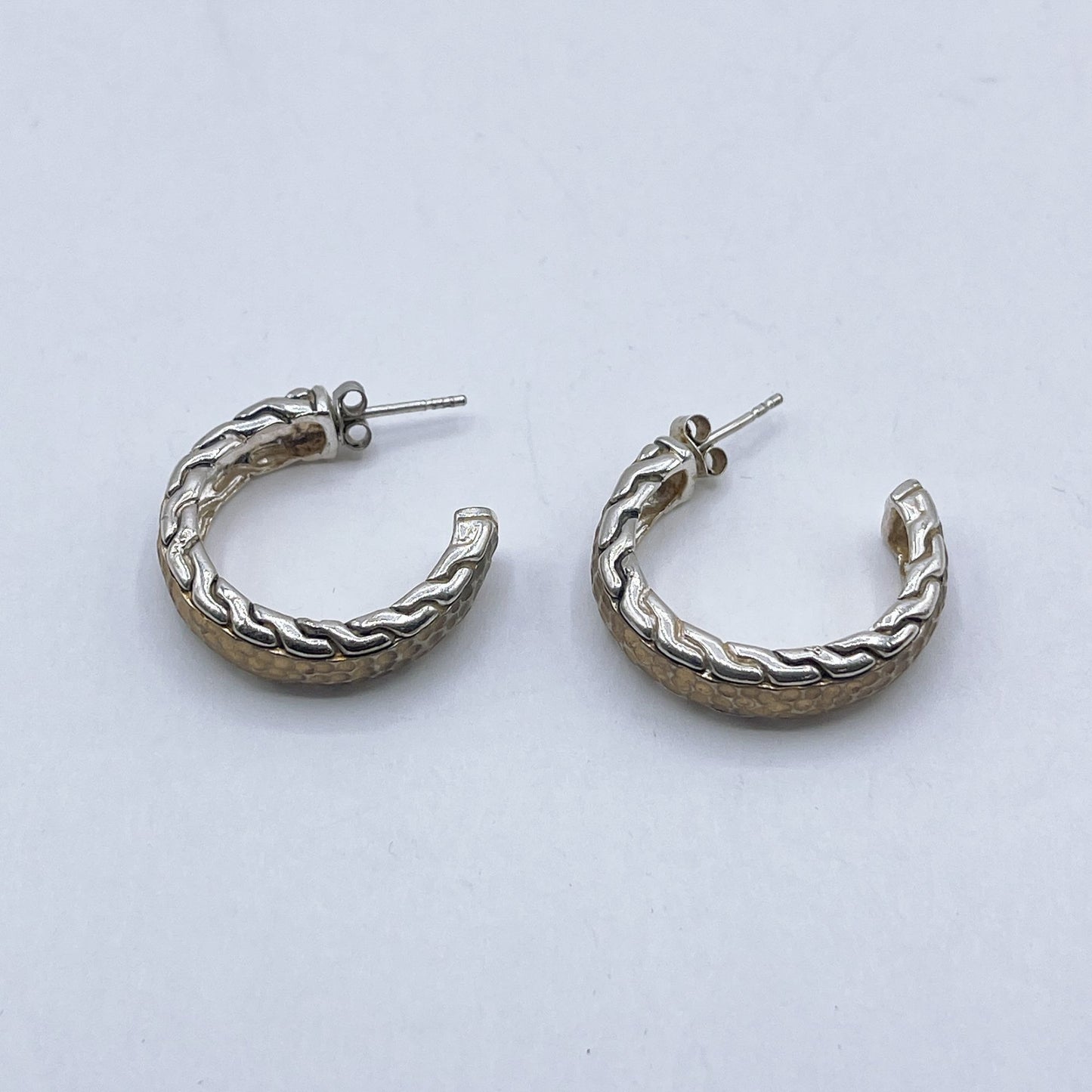 925 Vintage Sterling Silver & Gold Tone Hammered Hoop Earrings Medium