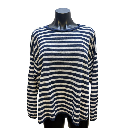 Eileen Fisher Organic Linen Navy & White Striped Long Sleeve Sweater Size L