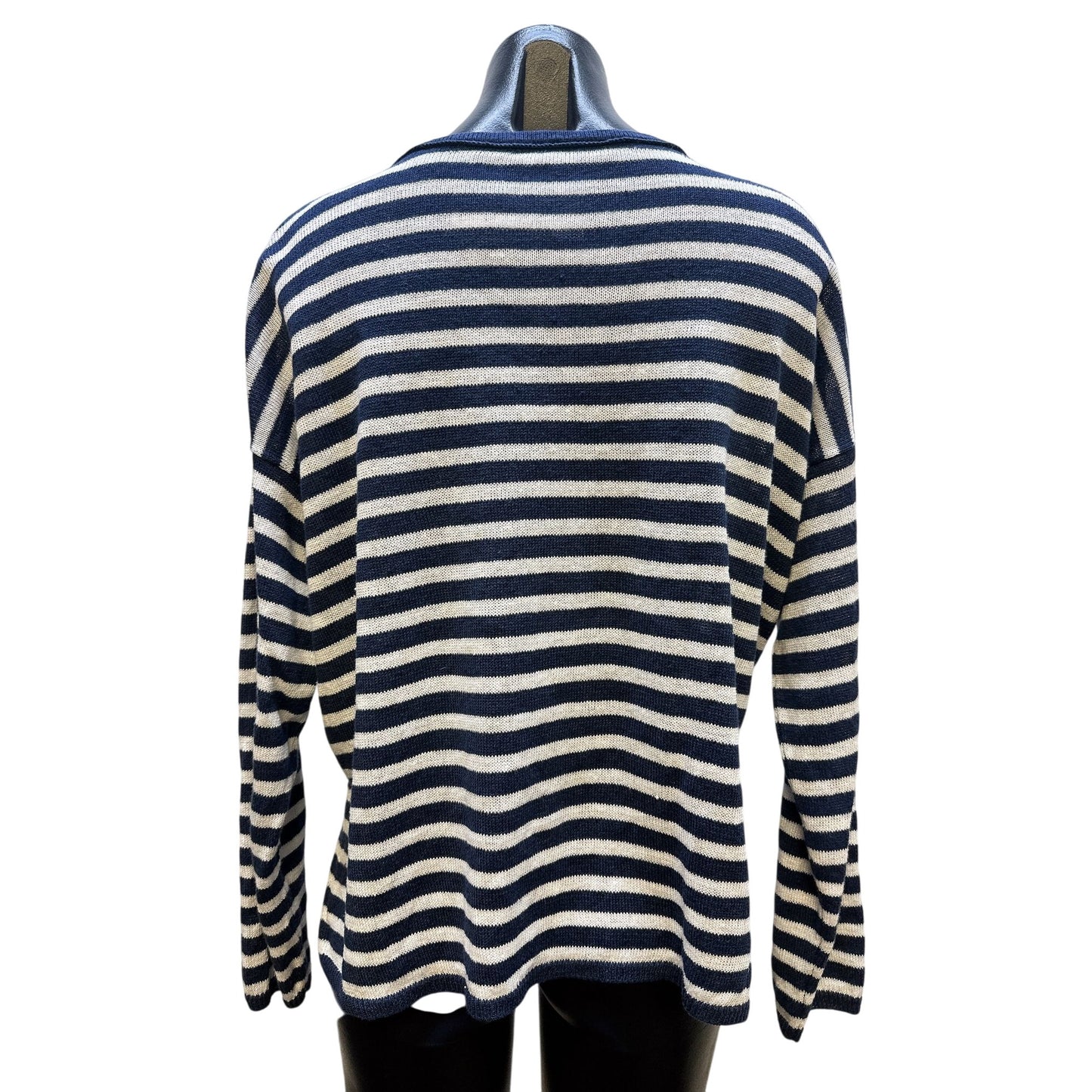 Eileen Fisher Organic Linen Navy & White Striped Long Sleeve Sweater Size L