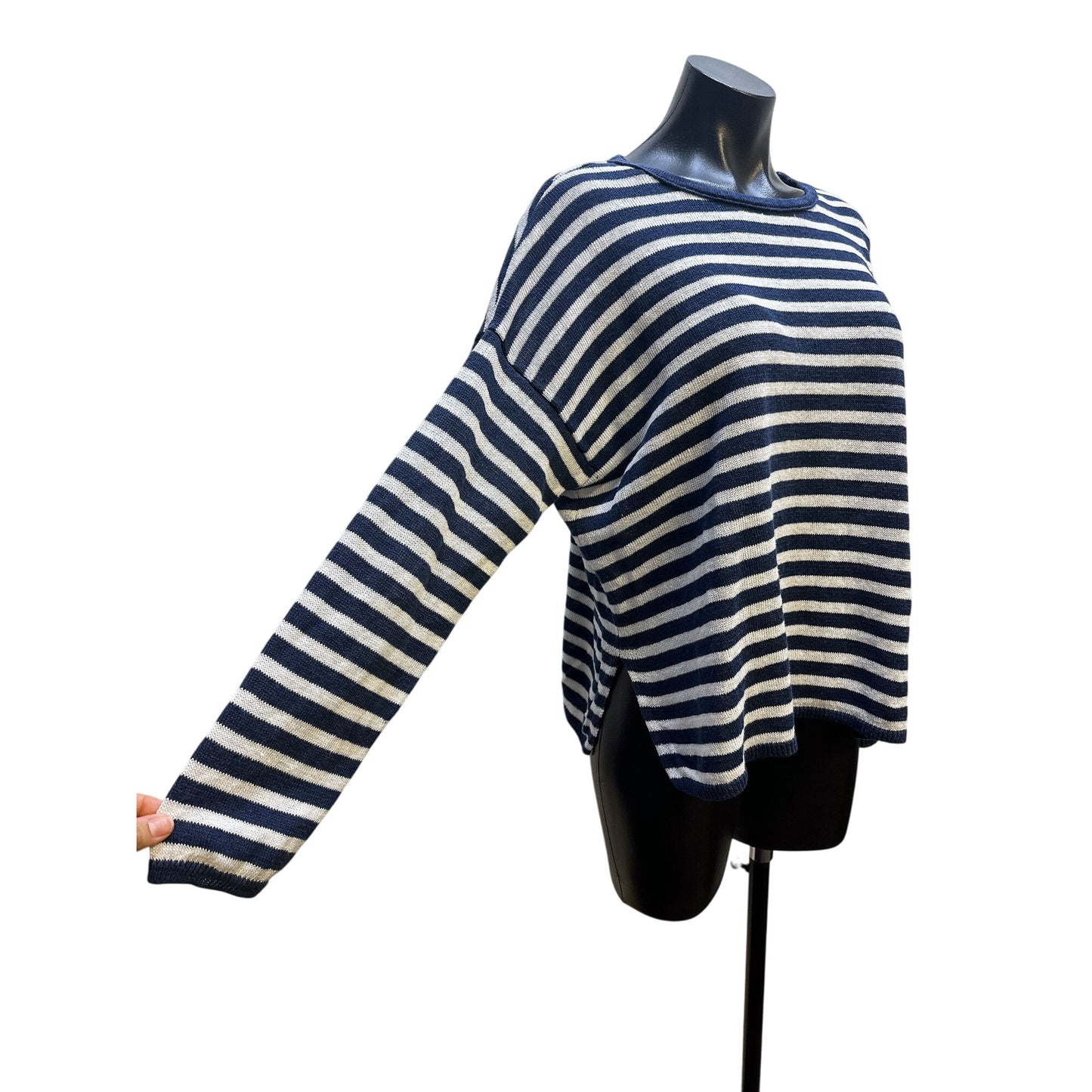 Eileen Fisher Organic Linen Navy & White Striped Long Sleeve Sweater Size L