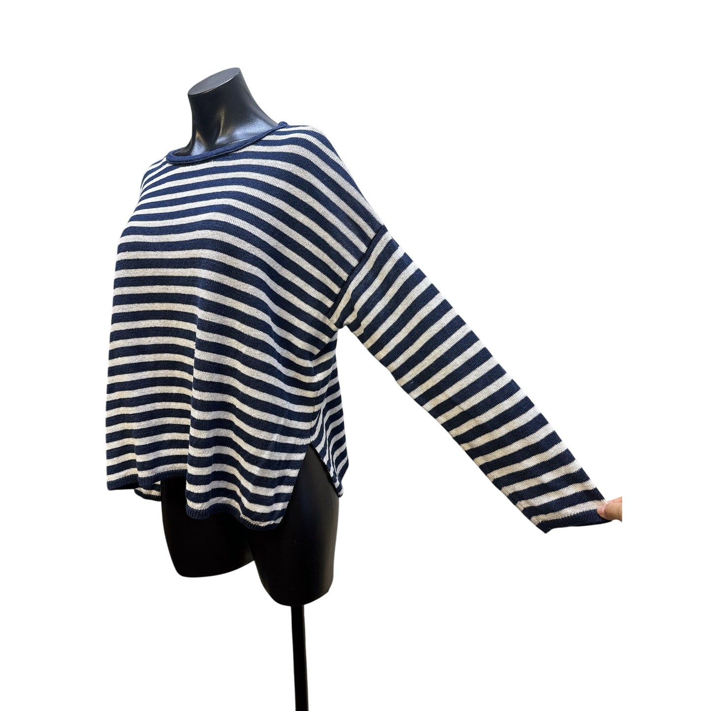 Eileen Fisher Organic Linen Navy & White Striped Long Sleeve Sweater Size L