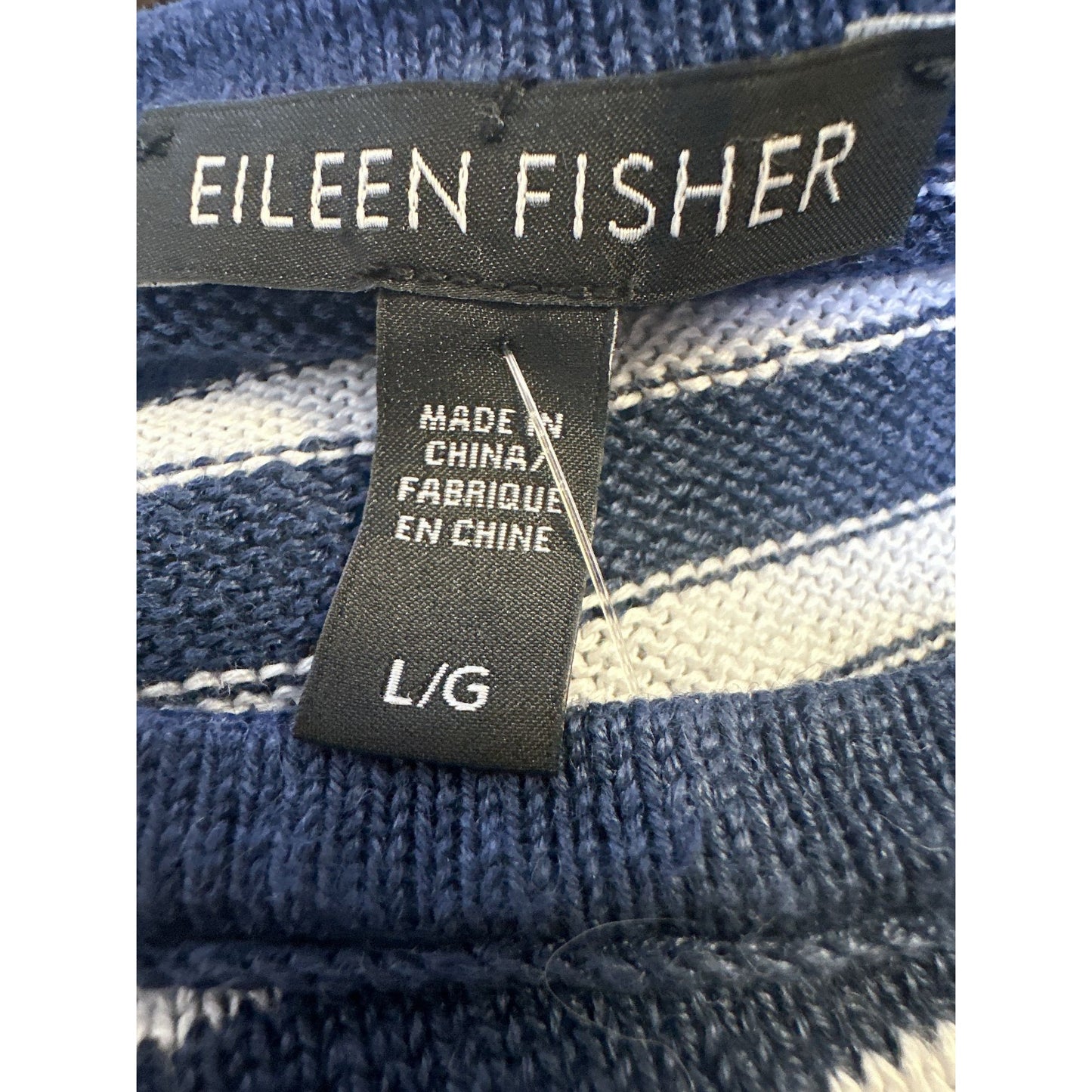 Eileen Fisher Organic Linen Navy & White Striped Long Sleeve Sweater Size L