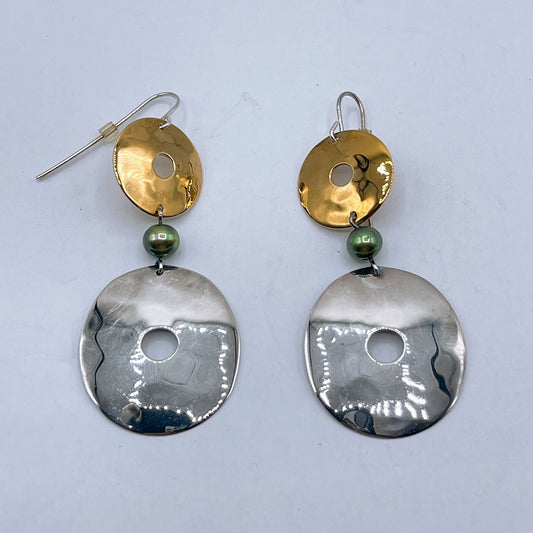 925 Silver & Brass Mixed Metal Dangle Earrings W/ Green Pearl Accents
