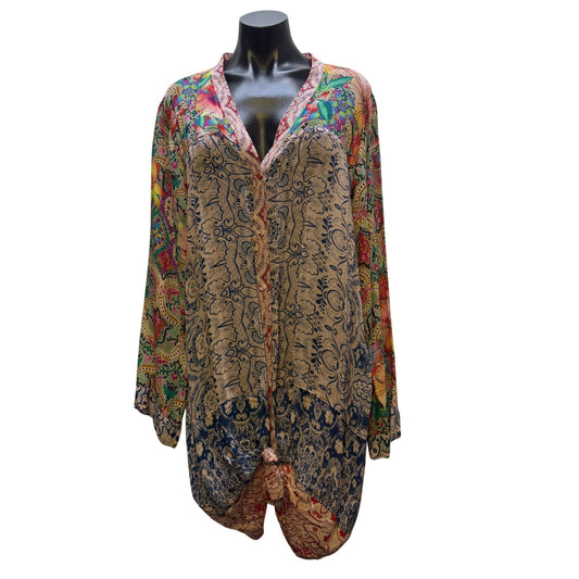 Johnny Was Silk Print Tunic Pink Red Multi XL