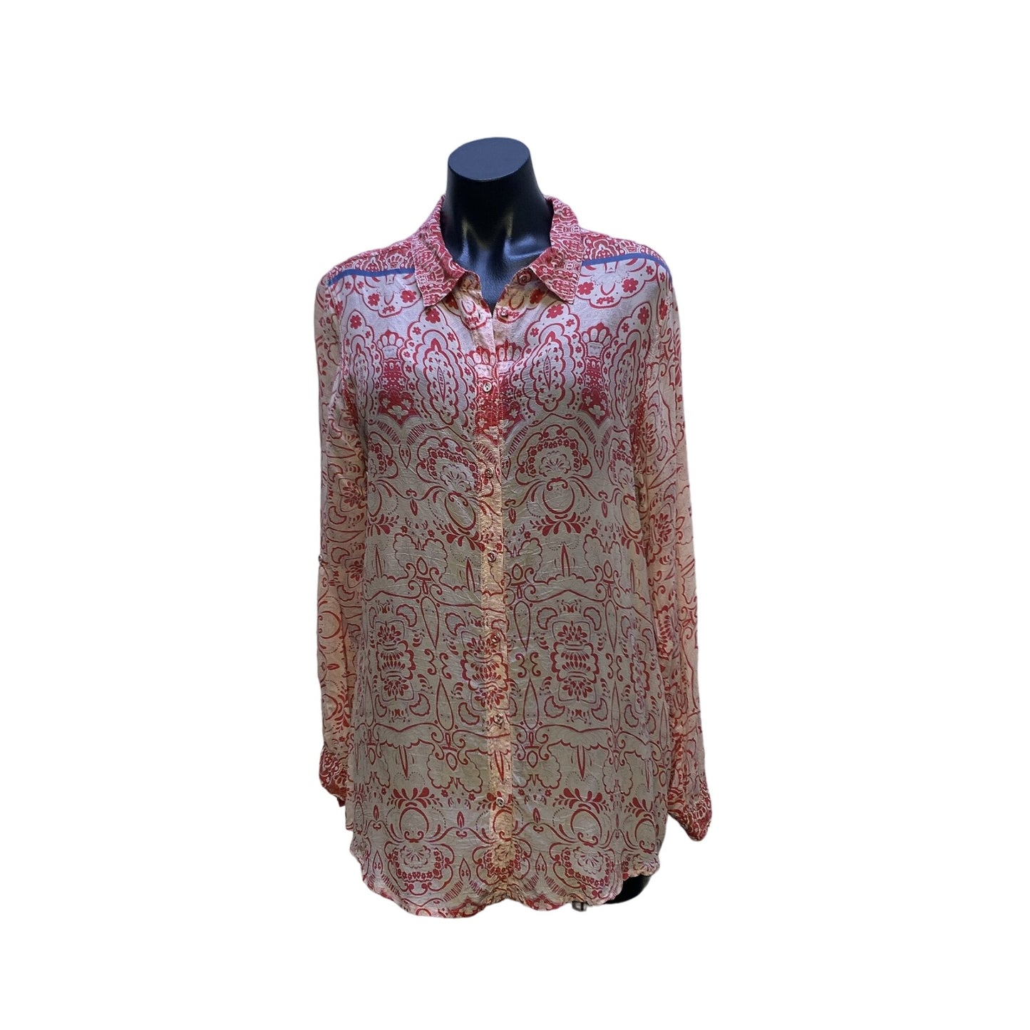 Johnny Was Silk Red & White Paisley Print Long Sleeve Button-Up Shirt L