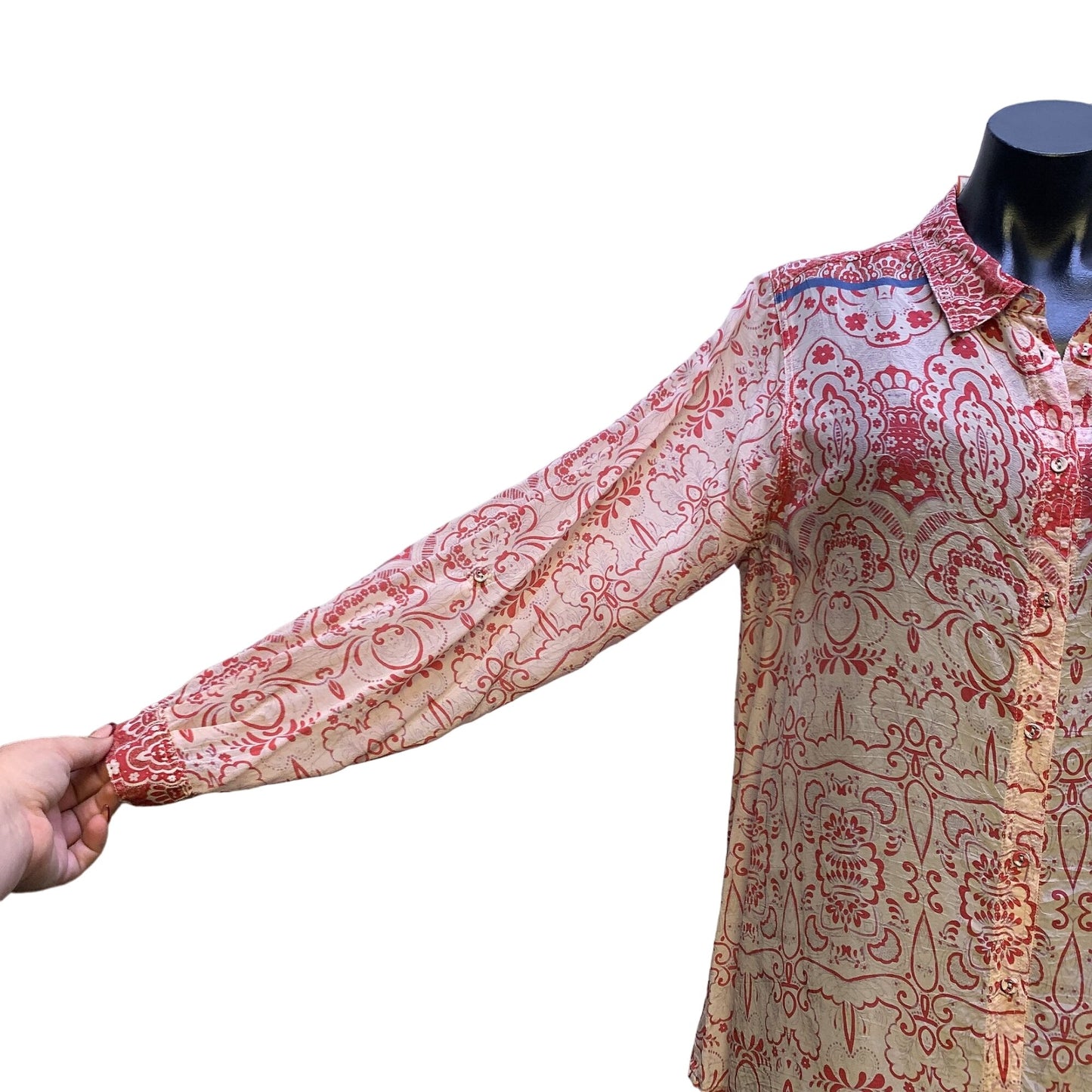 Johnny Was Silk Red & White Paisley Print Long Sleeve Button-Up Shirt L