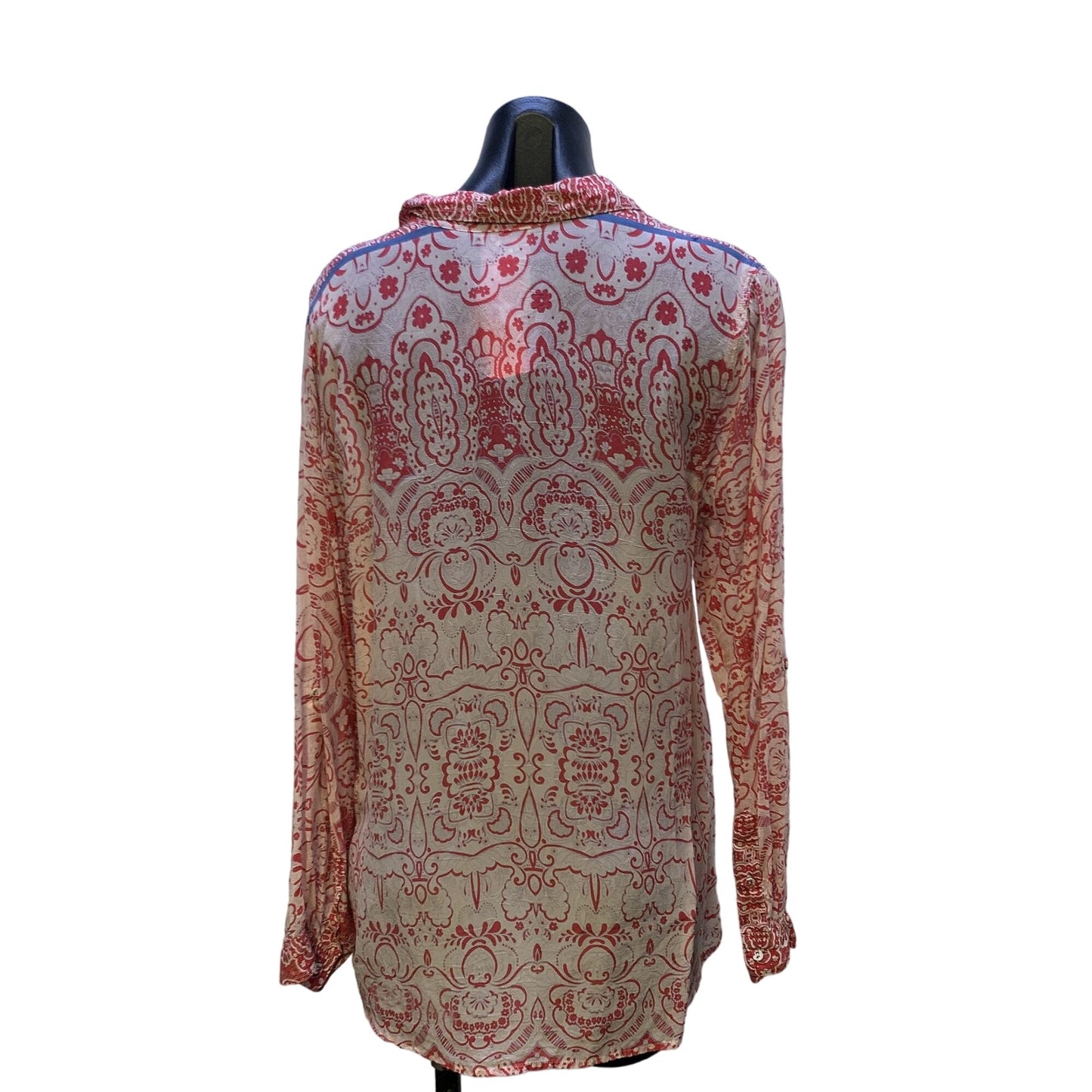 Johnny Was Silk Red & White Paisley Print Long Sleeve Button-Up Shirt L