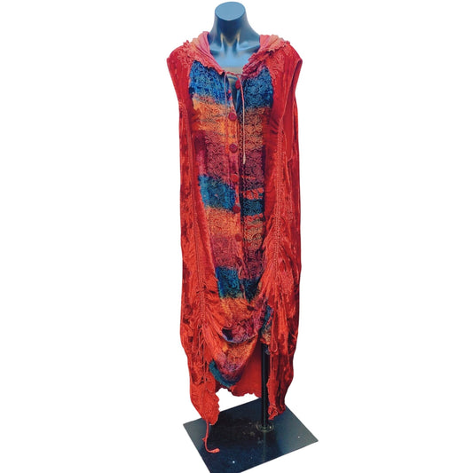 RAPP Plus Size Bohemian Velvet Hooded Vest Button Colorful Patchwork Dress 16/18