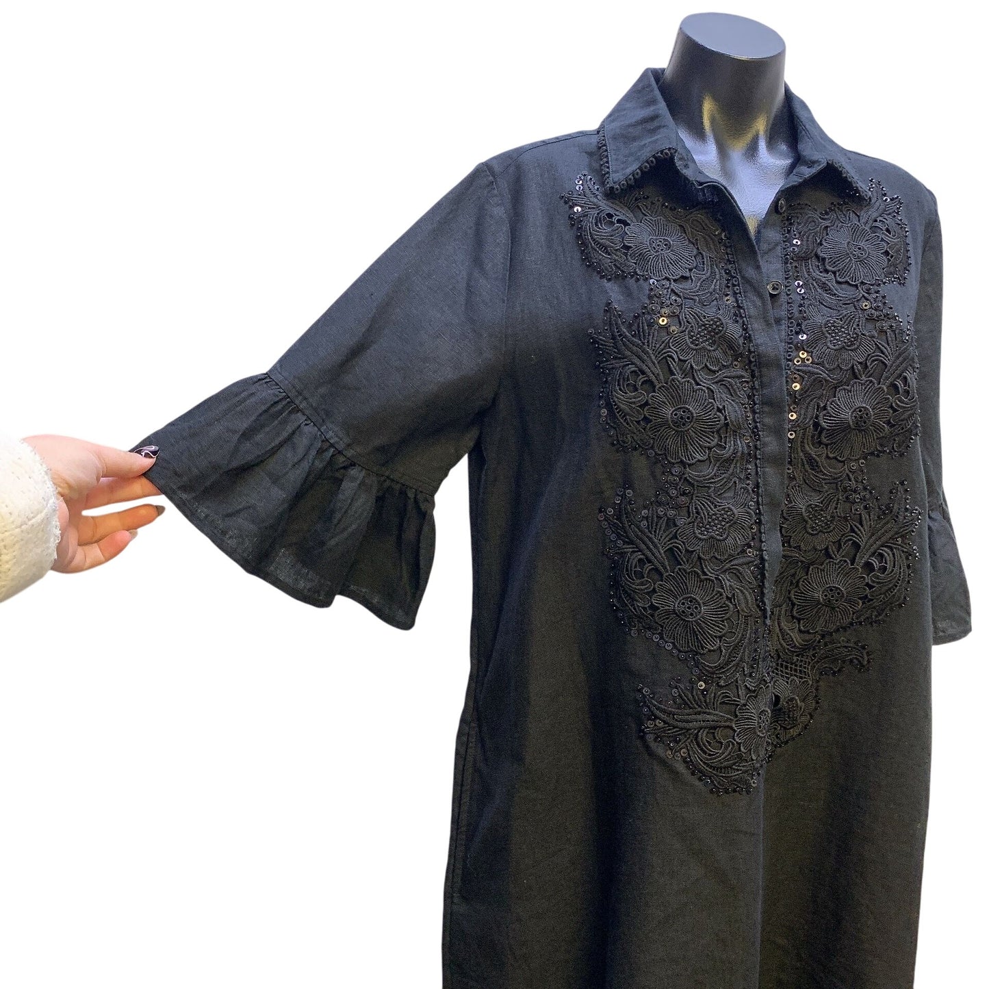 NWT Chicos Black Linen Embroidered Dress With Ruffled Sleeves 2/L